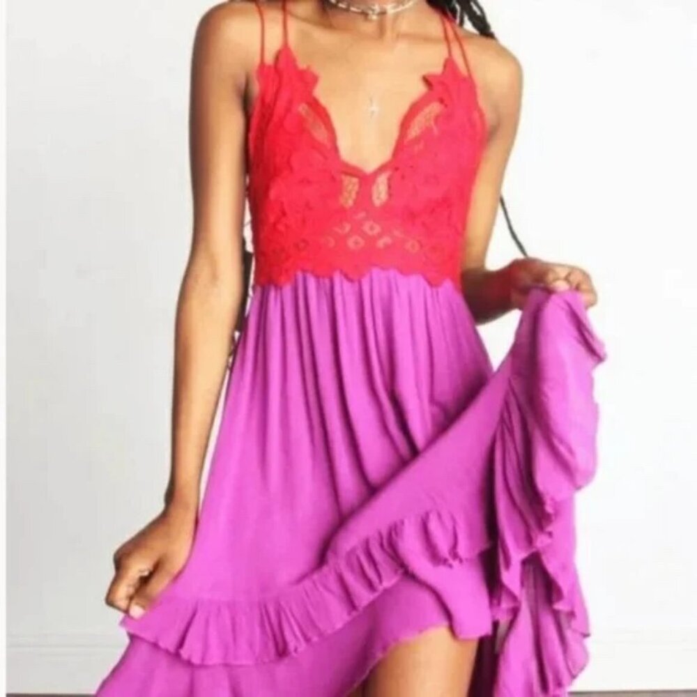 Free People Red Lace & Magenta Pink Mini Dress